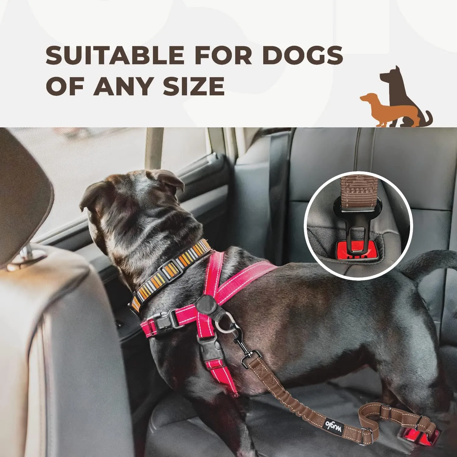 12"-37" Wuglo Dog Seat Belt - Dog Car Harness for Child Safety Seat - Hook Latch Bar & Seat Belt Buckle - Adjustable Universal Dog Seatbelt for Car Travel (Brown)