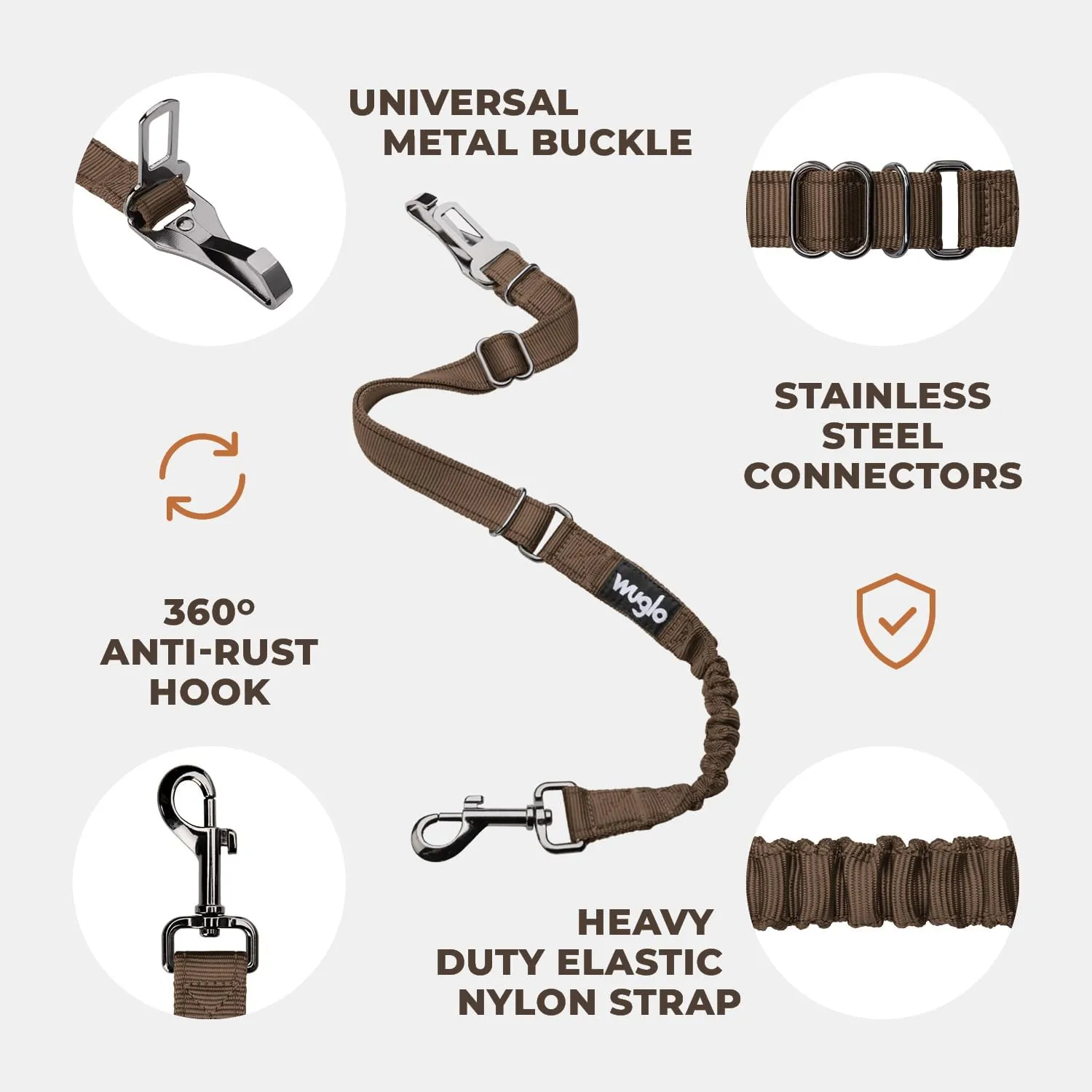 12"-37" Wuglo Dog Seat Belt - Dog Car Harness for Child Safety Seat - Hook Latch Bar & Seat Belt Buckle - Adjustable Universal Dog Seatbelt for Car Travel (Brown)
