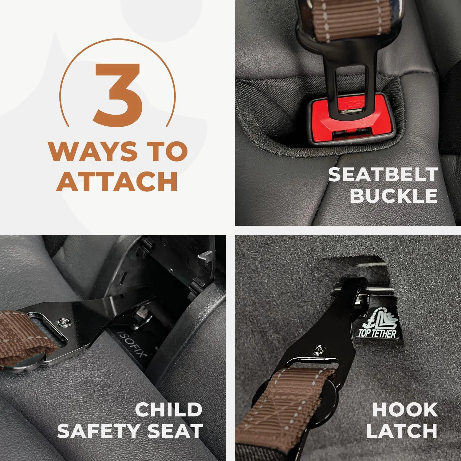 12"-37" Wuglo Dog Seat Belt - Dog Car Harness for Child Safety Seat - Hook Latch Bar & Seat Belt Buckle - Adjustable Universal Dog Seatbelt for Car Travel (Brown)