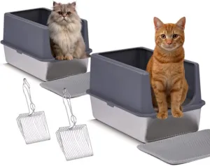 2 Pack XL Stainless Steel Cat Litter Box with Lid, Extra Large Litter Pan with High Sides, Easy Cleaning, Include Double Layer Litter Mat and Scoop, Gray