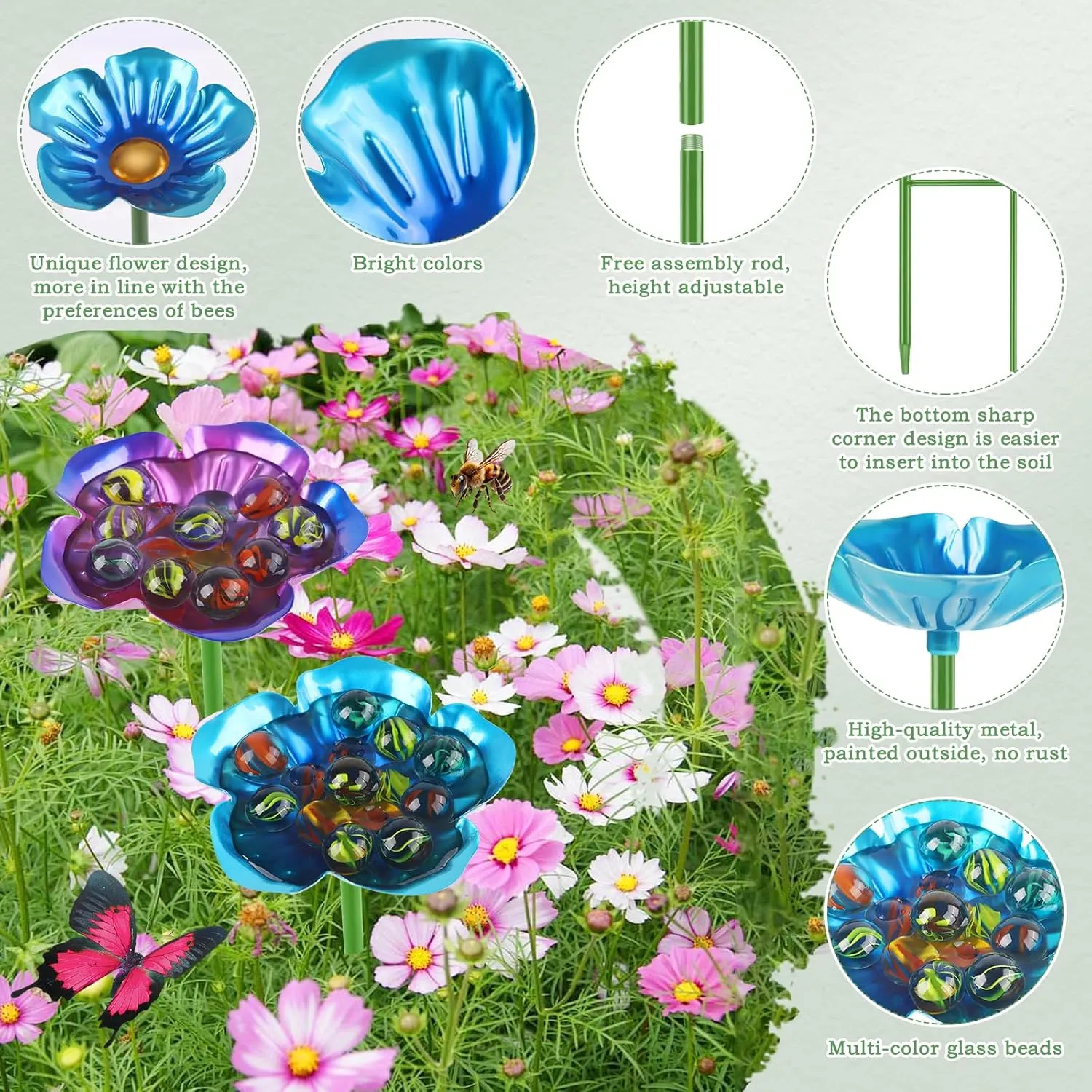 4 Pack Bee Watering Station, Metal Bee Feeder with Glass Marbles, Flower Shape Bee Butterfly Watering Station Bee Waterer Bee Water Catcher Cups for Outdoor Garden Courtyard Decor