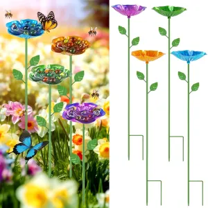 4 Pack Bee Watering Station, Metal Bee Feeder with Glass Marbles, Flower Shape Bee Butterfly Watering Station Bee Waterer Bee Water Catcher Cups for Outdoor Garden Courtyard Decor