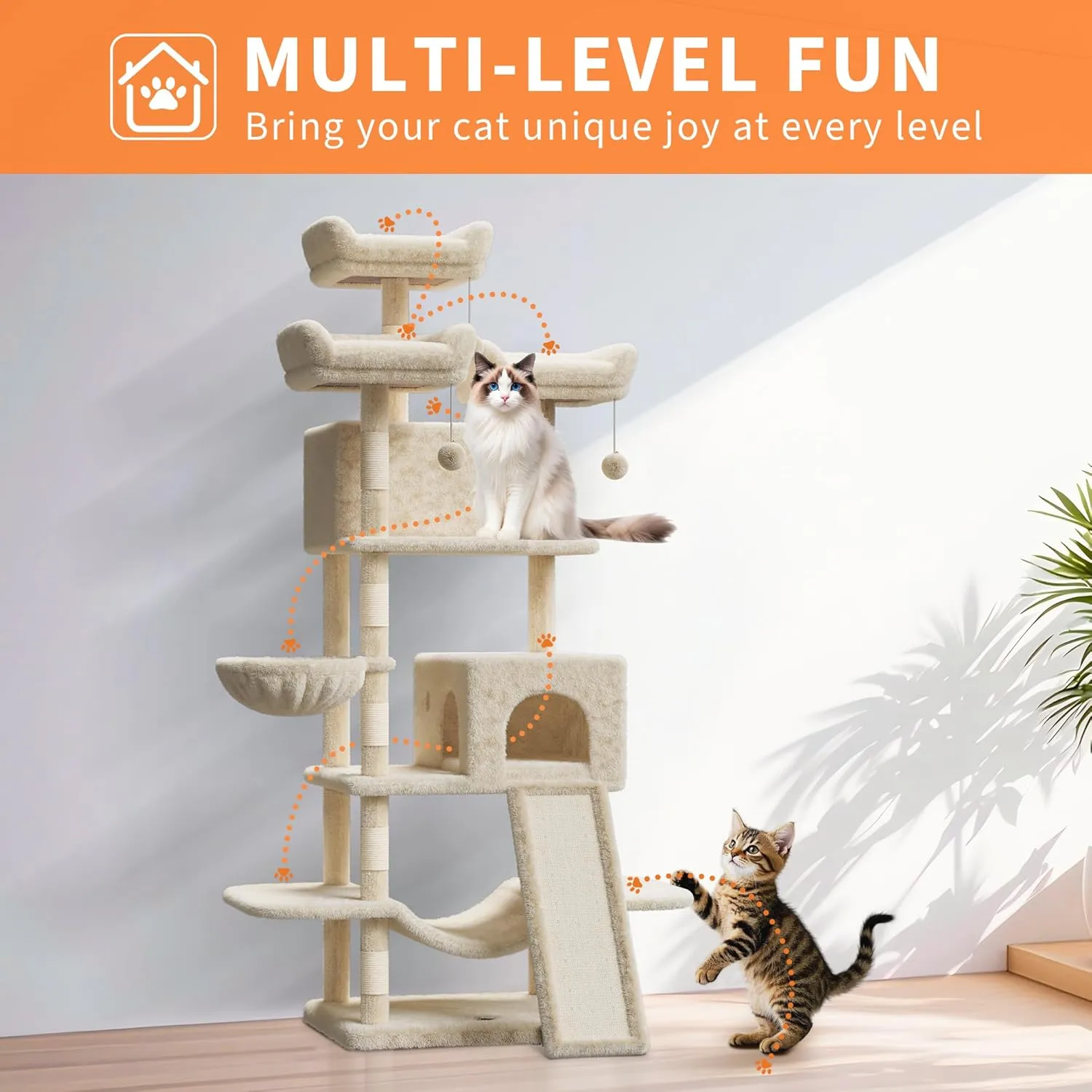 68.5-Inch Multi-Level Cat Tree for Indoor Cats Large Adult Heavy Duty Cat Tower for Large Cats with 2 Condos/Plush Perches/Sisal Scratching Posts/Hammocks/Basket/Dangling Balls, #2605 Beige