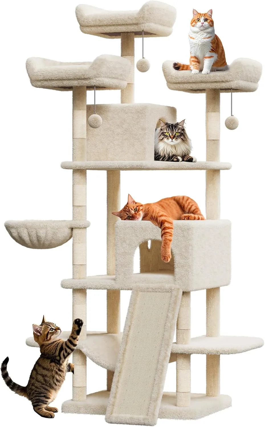 68.5-Inch Multi-Level Cat Tree for Indoor Cats Large Adult Heavy Duty Cat Tower for Large Cats with 2 Condos/Plush Perches/Sisal Scratching Posts/Hammocks/Basket/Dangling Balls, #2605 Beige