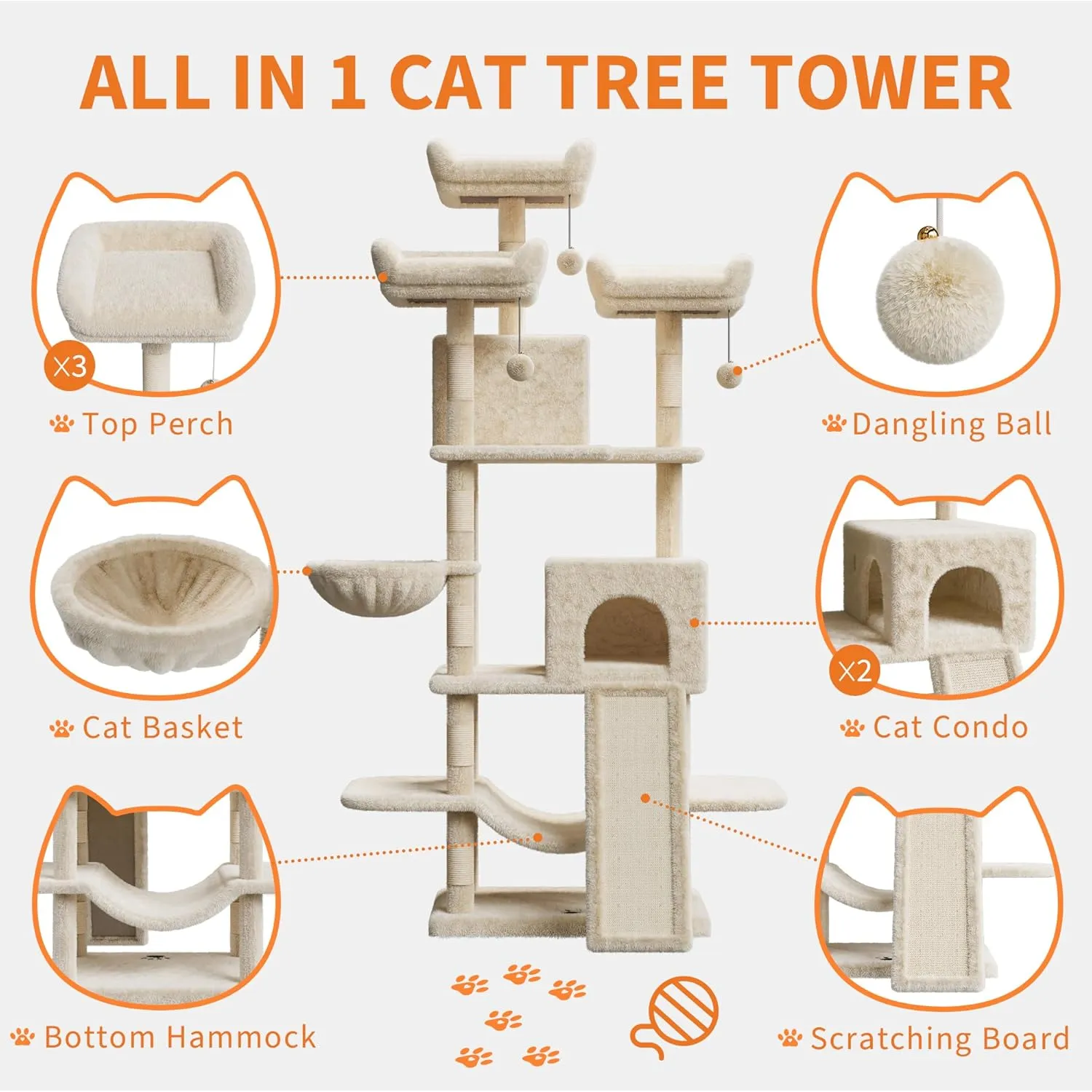 68.5-Inch Multi-Level Cat Tree for Indoor Cats Large Adult Heavy Duty Cat Tower for Large Cats with 2 Condos/Plush Perches/Sisal Scratching Posts/Hammocks/Basket/Dangling Balls, #2605 Beige