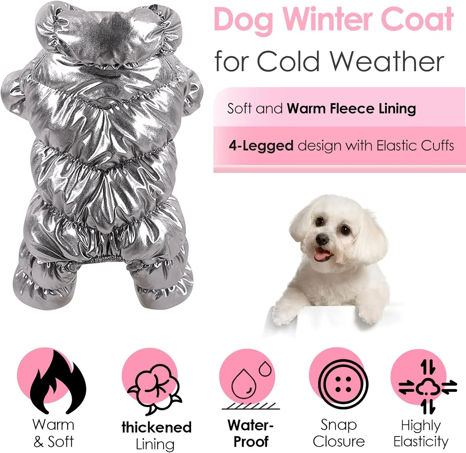 AOFITEE Dog Coat, Waterproof Dog Jacket, Fullbody Dogs Winter Coat Snowsuit, Windproof Puppy Puffer Jacket Snow Suit with Legs, Pet Fleece Winter Vest, Cold Weather Coats for Small Dogs, Silver S