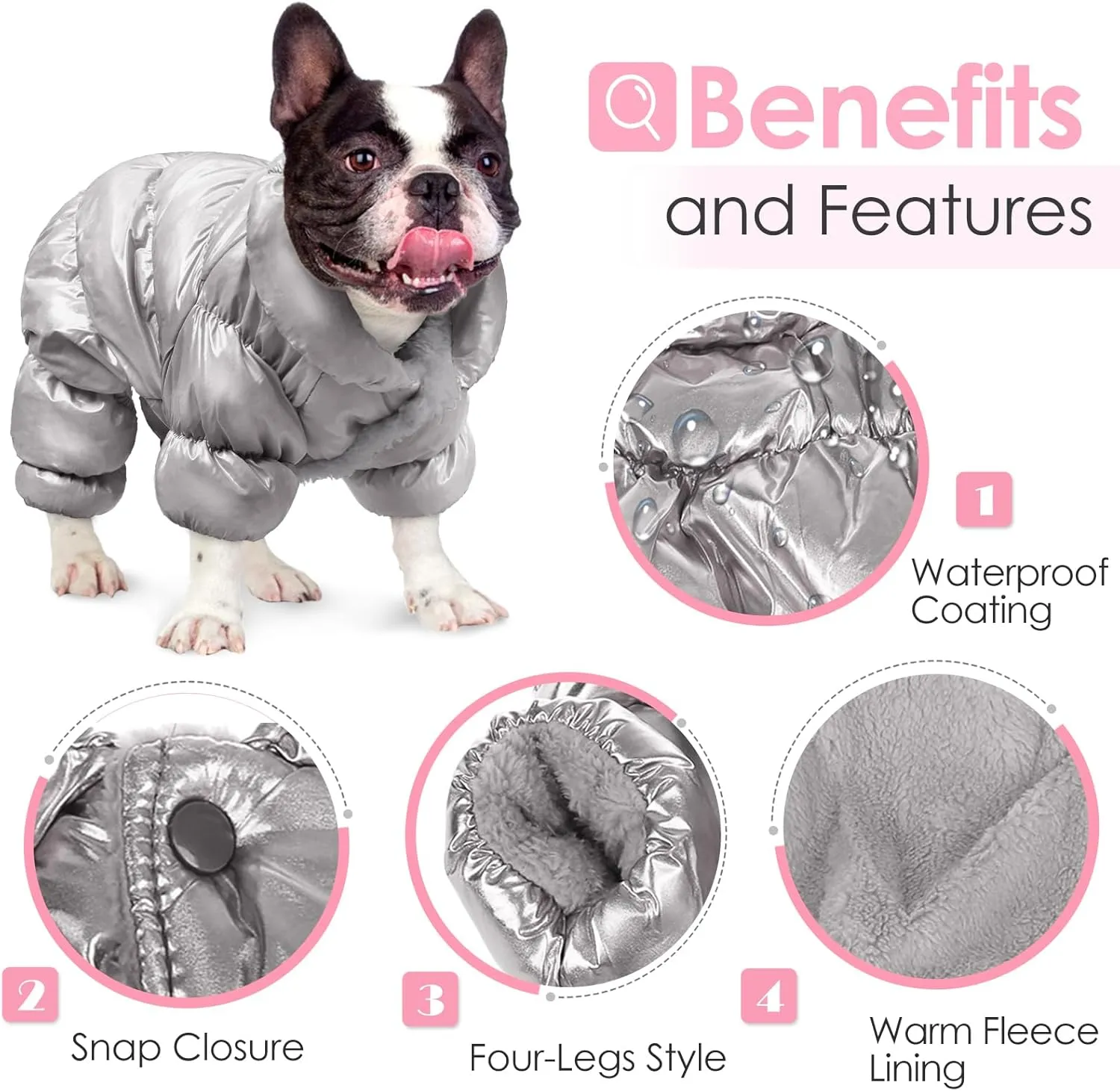 AOFITEE Dog Coat, Waterproof Dog Jacket, Fullbody Dogs Winter Coat Snowsuit, Windproof Puppy Puffer Jacket Snow Suit with Legs, Pet Fleece Winter Vest, Cold Weather Coats for Small Dogs, Silver S