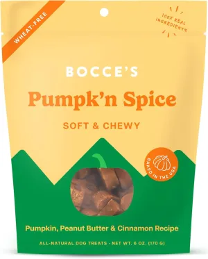 Bocces Bakery Pumpk'n Spice Treats for Dogs, Wheat-Free Everyday Dog Treats, Made with Real Ingredients, Baked in The USA, All-Natural Soft & Chewy Cookies, Pumpkin, Peanut Butter, & Cinnamon, 6 oz