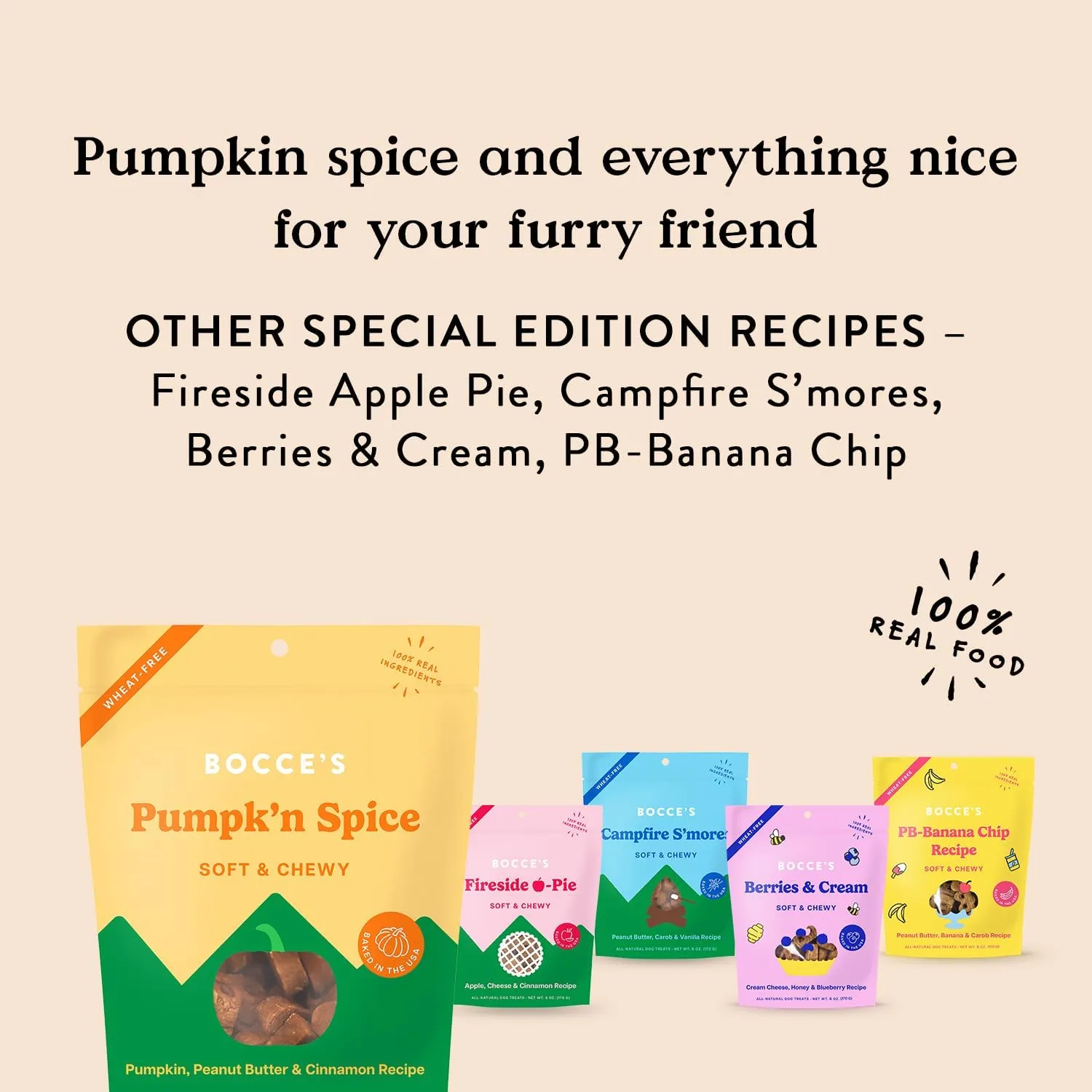 Bocces Bakery Pumpk'n Spice Treats for Dogs, Wheat-Free Everyday Dog Treats, Made with Real Ingredients, Baked in The USA, All-Natural Soft & Chewy Cookies, Pumpkin, Peanut Butter, & Cinnamon, 6 oz