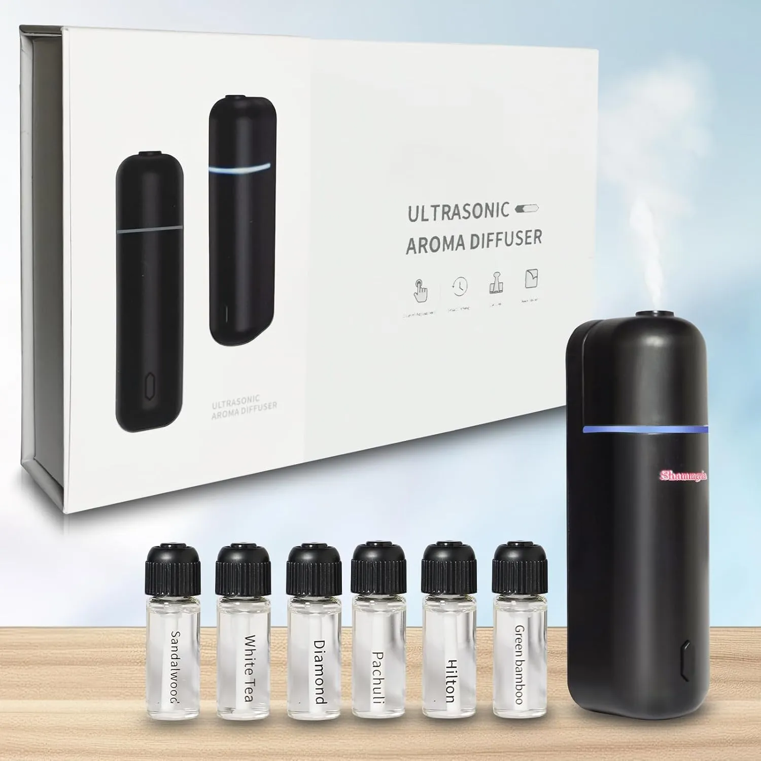 Car Air Freshener Diffuser, Waterless Essential Oil Diffuser for Car with 6 Refill Scents, USB Rechargeable Fragrance Freshener with Motion Sensor- Black