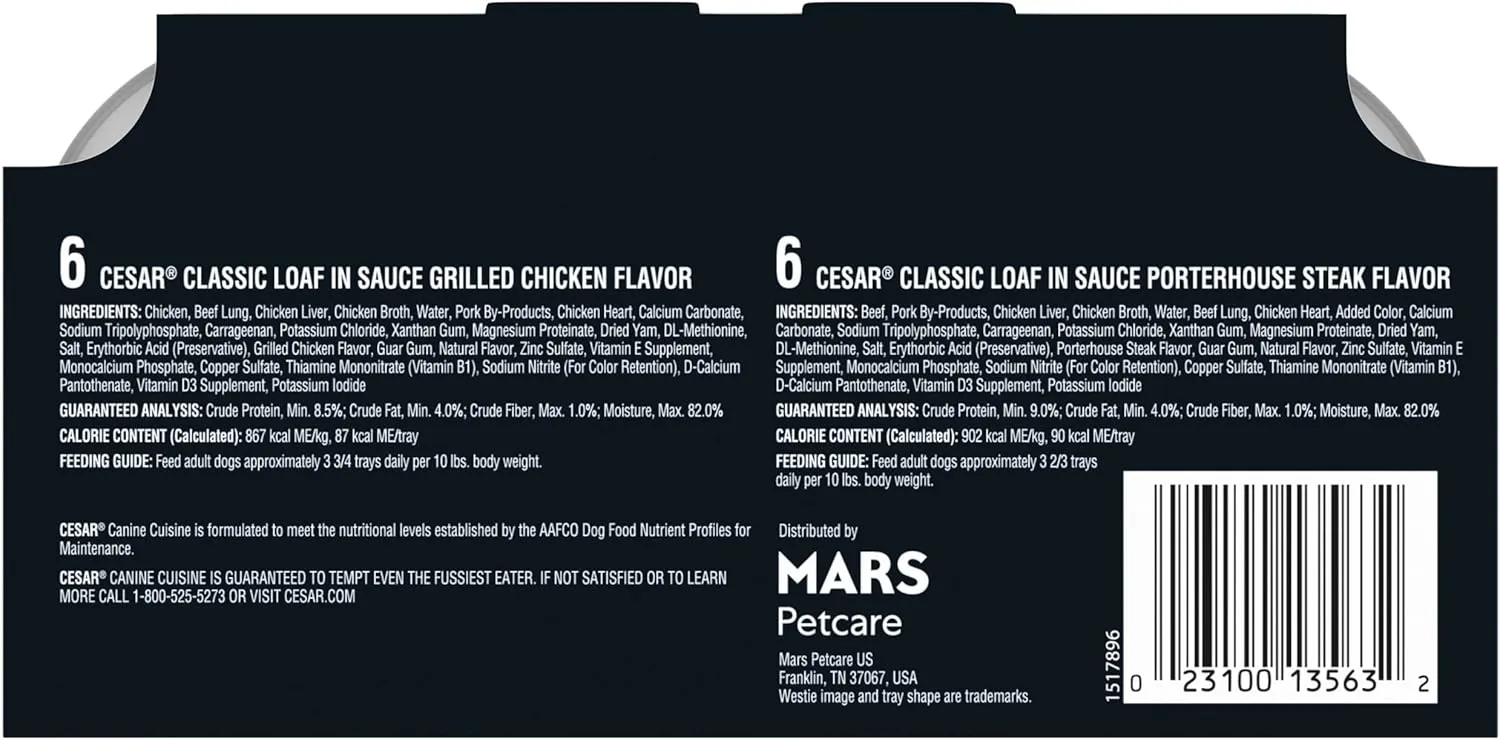 Cesar Backyard Cookout Adult Wet Dog Food Classic Loaf in Sauce Variety Pack, Grilled Chicken and Porterhouse Steak Flavors, (12) 3.5 oz. Easy Peel Trays