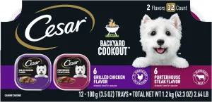 Cesar Backyard Cookout Adult Wet Dog Food Classic Loaf in Sauce Variety Pack, Grilled Chicken and Porterhouse Steak Flavors, (12) 3.5 oz. Easy Peel Trays