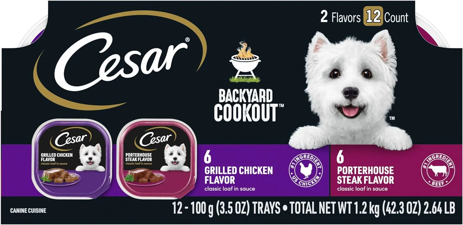 Cesar Backyard Cookout Adult Wet Dog Food Classic Loaf in Sauce Variety Pack, Grilled Chicken and Porterhouse Steak Flavors, (12) 3.5 oz. Easy Peel Trays