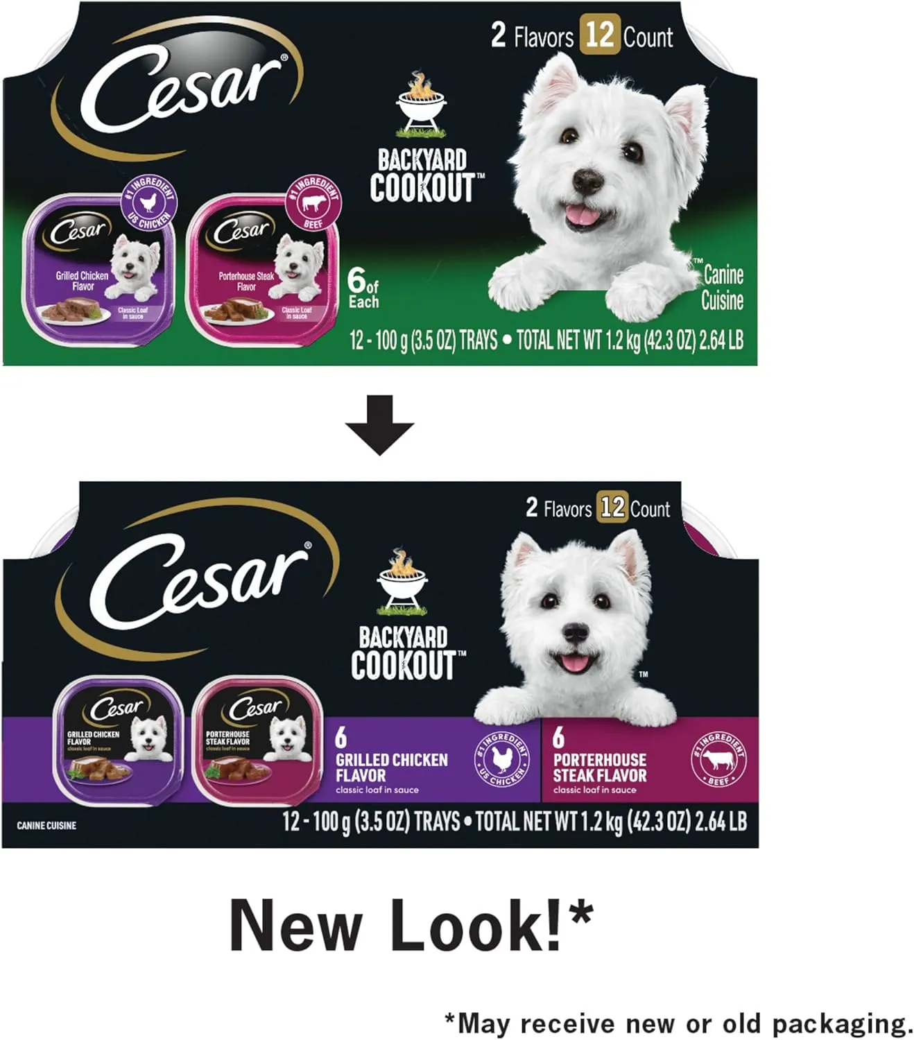Cesar Backyard Cookout Adult Wet Dog Food Classic Loaf in Sauce Variety Pack, Grilled Chicken and Porterhouse Steak Flavors, (12) 3.5 oz. Easy Peel Trays