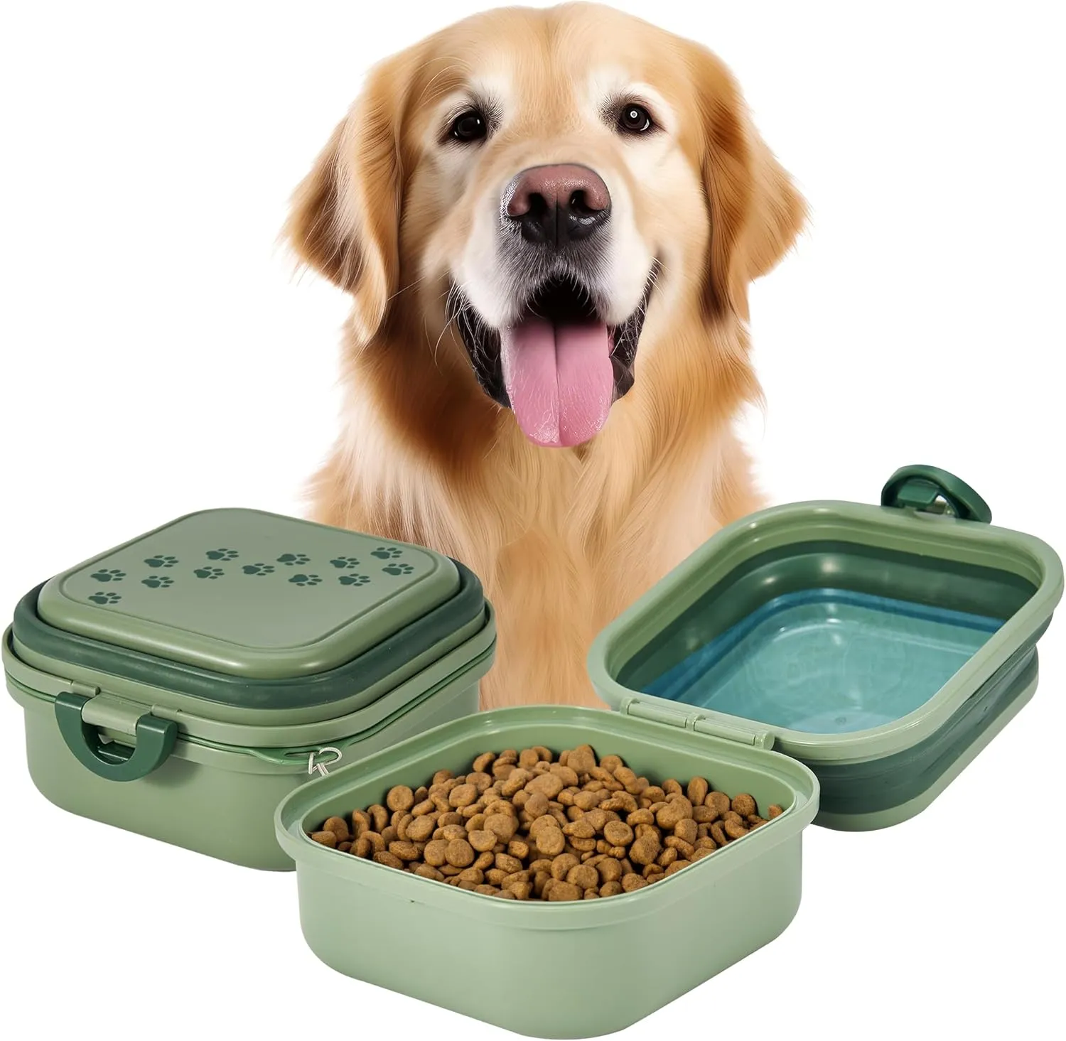 Collapsible Dog Water Bowl 30oz, 2 in 1 Portable Travel Dog Food Bowl with Lid, Easy Carry Loop Handle, Foldable Dog and Cat Food Bowl, Perfect for Traveling, Walking, Hiking (Green)
