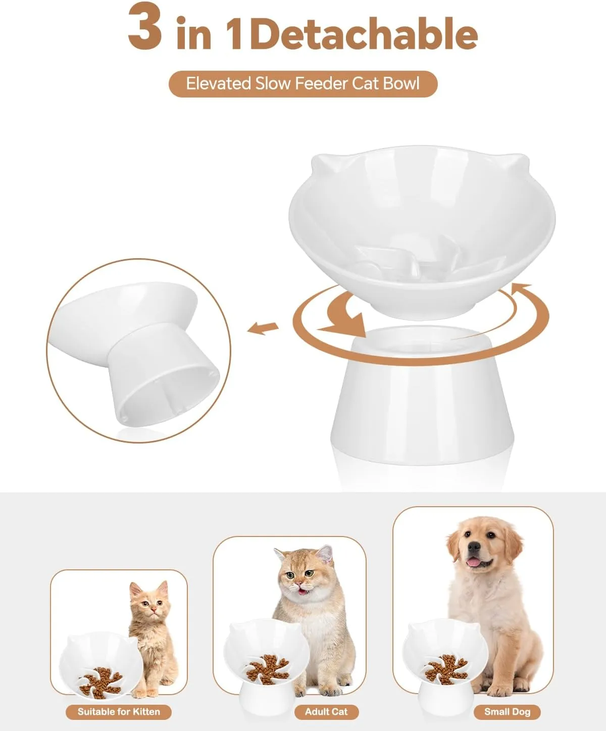 Detachable Elevated Slow Feeder Cat Bowl,7 Inch Large Extra Wide Cat Slow Feeder Bowl,Tilted Raised Cat Bowl Slow Feeder,Whisker Fatigue,Anti-Vomiting Adjustable Cat Food Bowl for Cats,Small Dogs