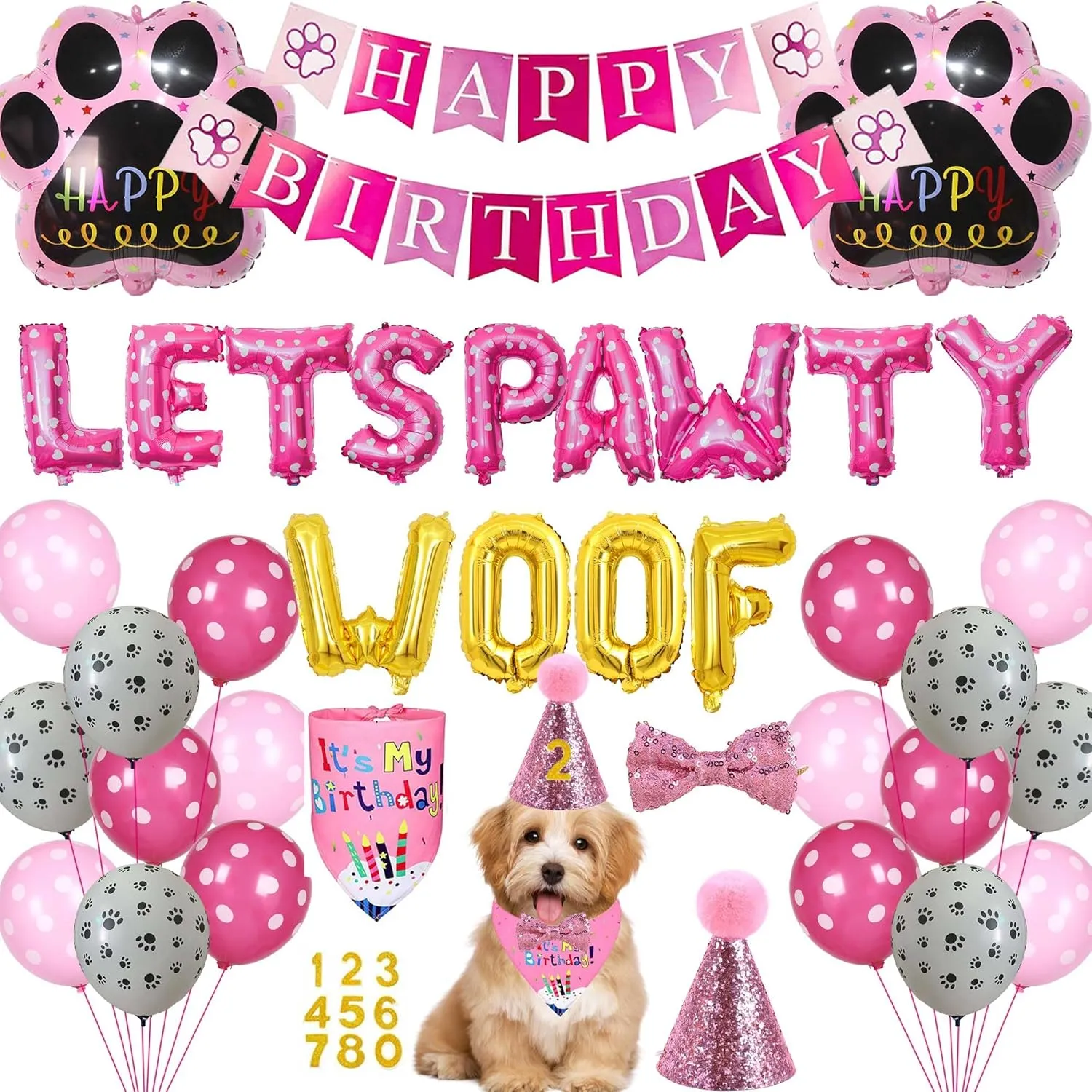 Dog Birthday Decorations Party Supplies - 38 Pcs Number Hat, Birthday Banner, It's My Birthday Bandana, Foil Balloons, Cake Toy and Bowtie for Lets Pawty Pink Puppy Girl Dog Outfit