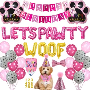 Dog Birthday Decorations Party Supplies - 38 Pcs Number Hat, Birthday Banner, It's My Birthday Bandana, Foil Balloons, Cake Toy and Bowtie for Lets Pawty Pink Puppy Girl Dog Outfit