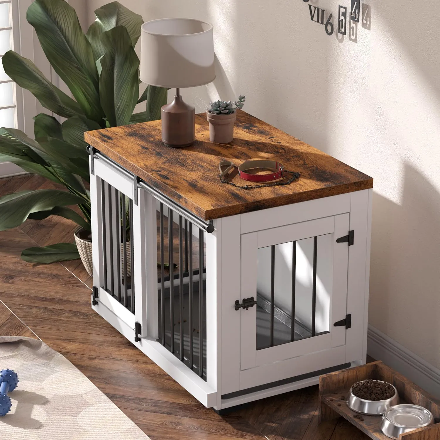 Dog Crate Furniture Barn Door for Medium Dogs Up to 40 lbs. - Puppy Kennel w/Thickened Farmhouse Top & Steel Bars - 30'' Wide - White Decorative Modern Dog Crate Table, End Table, Nightstand