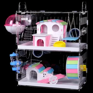 DuvinDD Hamster Cages with Crossover Tubes Tunnels, Large Hamster Cage Habitats Gerbil House, Transparent Acrylic Small Animal Cage for Pet Rat, Syrian Hamster, Mouse with Accessories