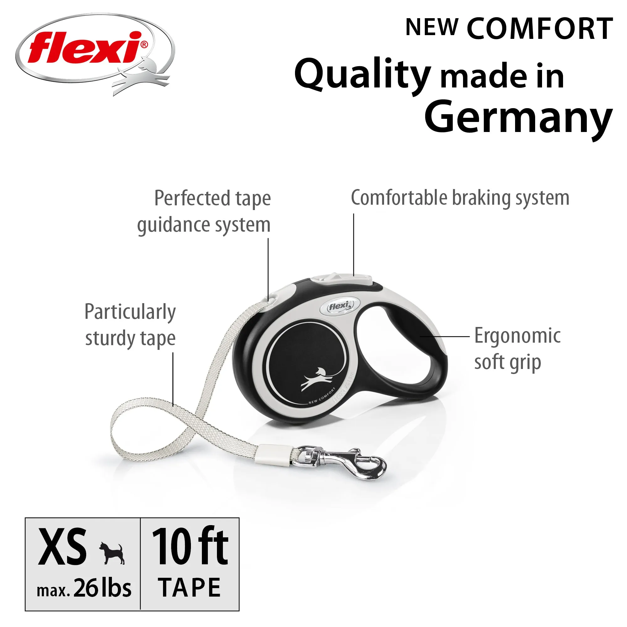 Flexi Comfort 10ft Tape Dog and Cat Leash in Black Grey XSM up to 26lbs