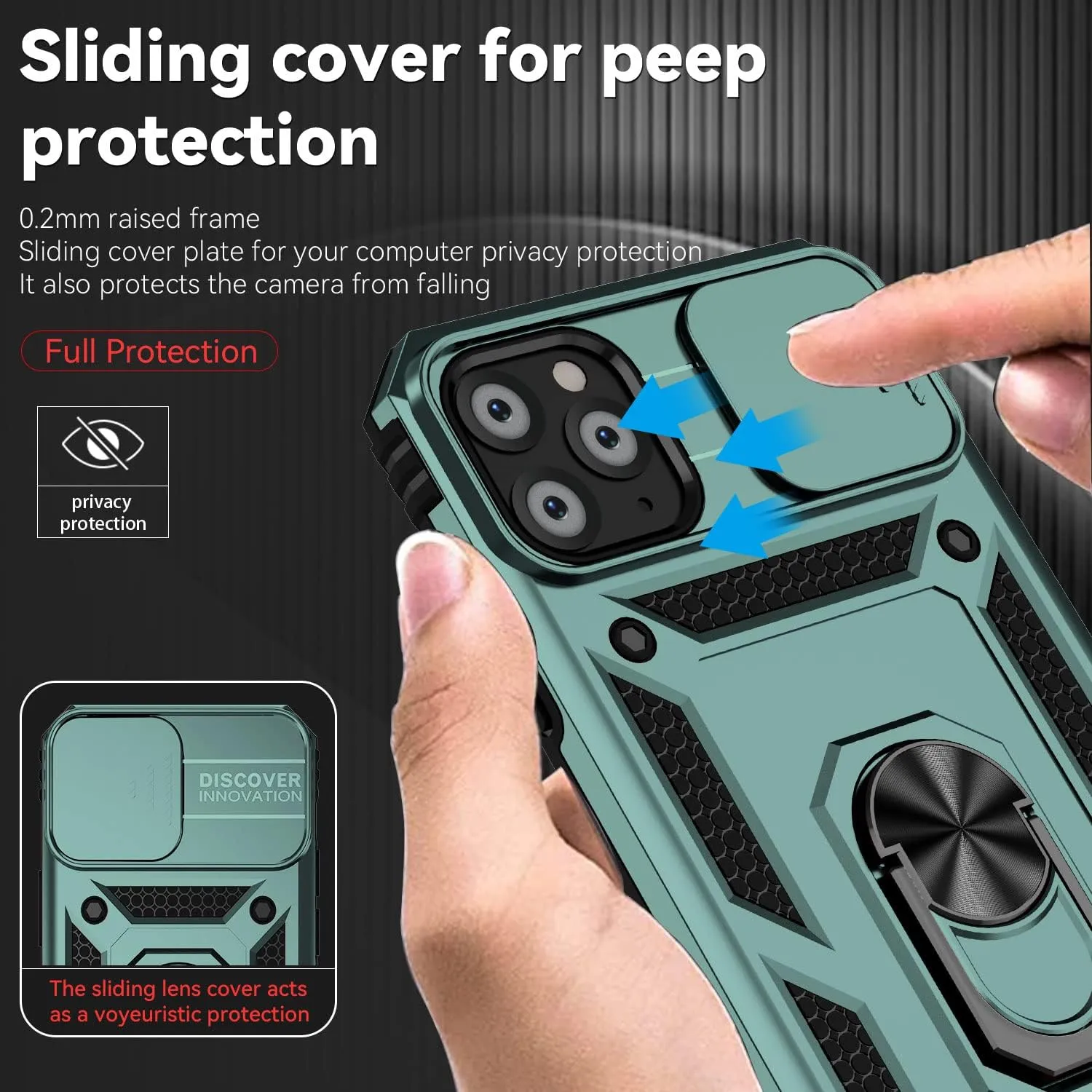 for iPhone 11 Pro Case with Camera Lens Cover Screen Protector, Dual Layer Military Grade Drop Protection Magnetic Ring Holder Kickstand Protective Phone Case for iPhone 11 Pro 5.8 inch (Dark Green)