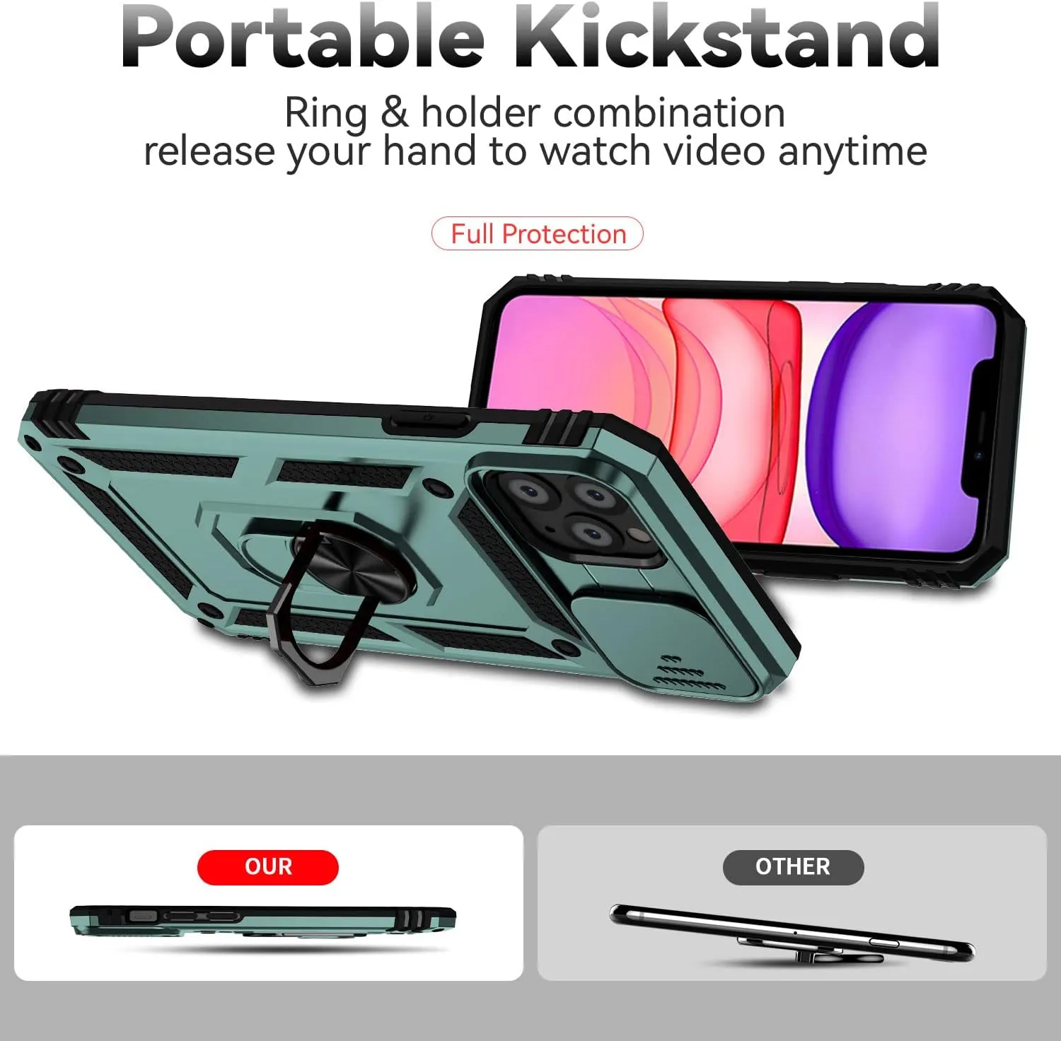 for iPhone 11 Pro Case with Camera Lens Cover Screen Protector, Dual Layer Military Grade Drop Protection Magnetic Ring Holder Kickstand Protective Phone Case for iPhone 11 Pro 5.8 inch (Dark Green)