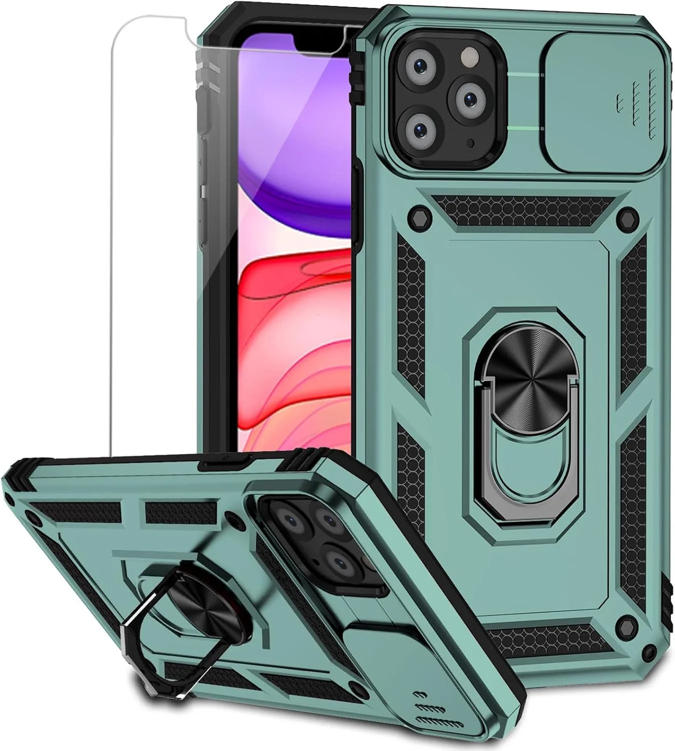 for iPhone 11 Pro Case with Camera Lens Cover Screen Protector, Dual Layer Military Grade Drop Protection Magnetic Ring Holder Kickstand Protective Phone Case for iPhone 11 Pro 5.8 inch (Dark Green)