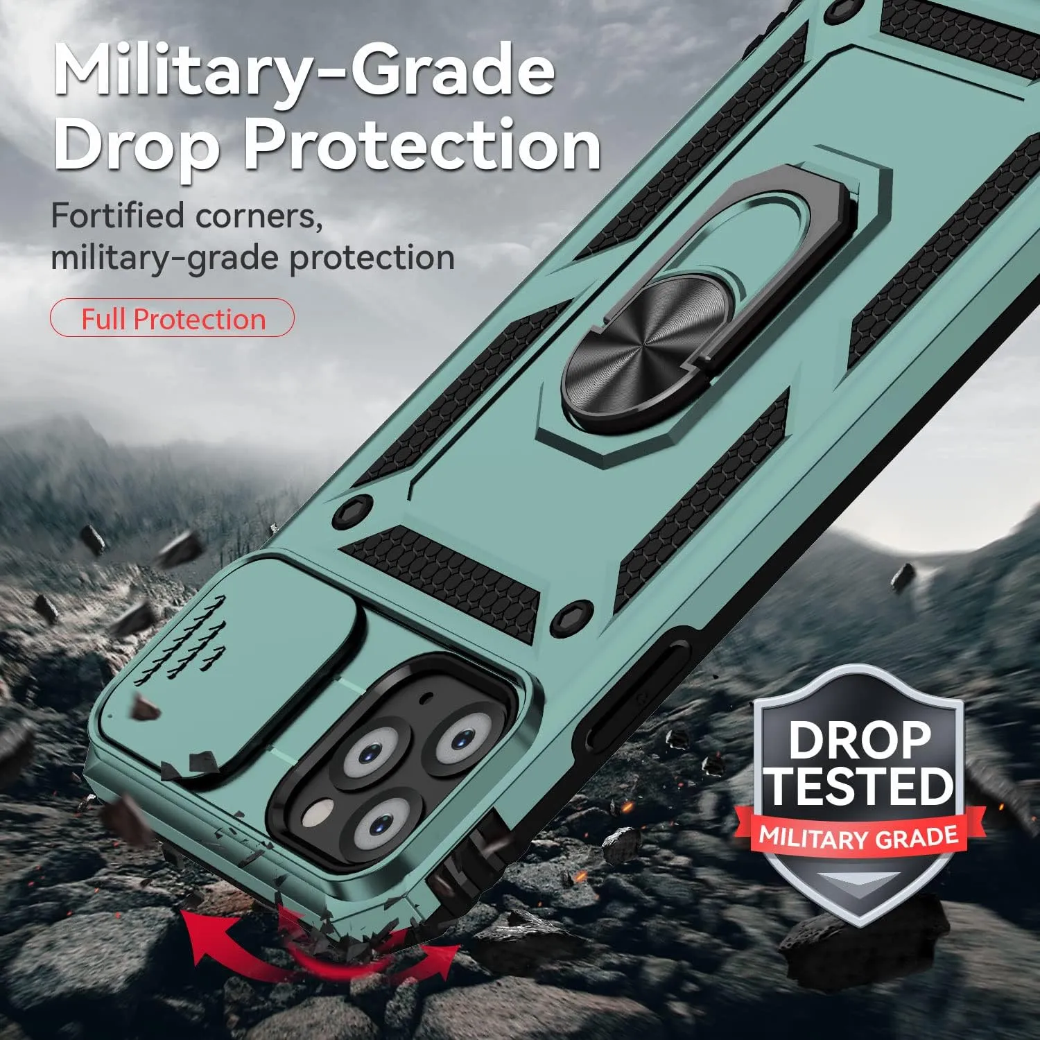 for iPhone 11 Pro Case with Camera Lens Cover Screen Protector, Dual Layer Military Grade Drop Protection Magnetic Ring Holder Kickstand Protective Phone Case for iPhone 11 Pro 5.8 inch (Dark Green)