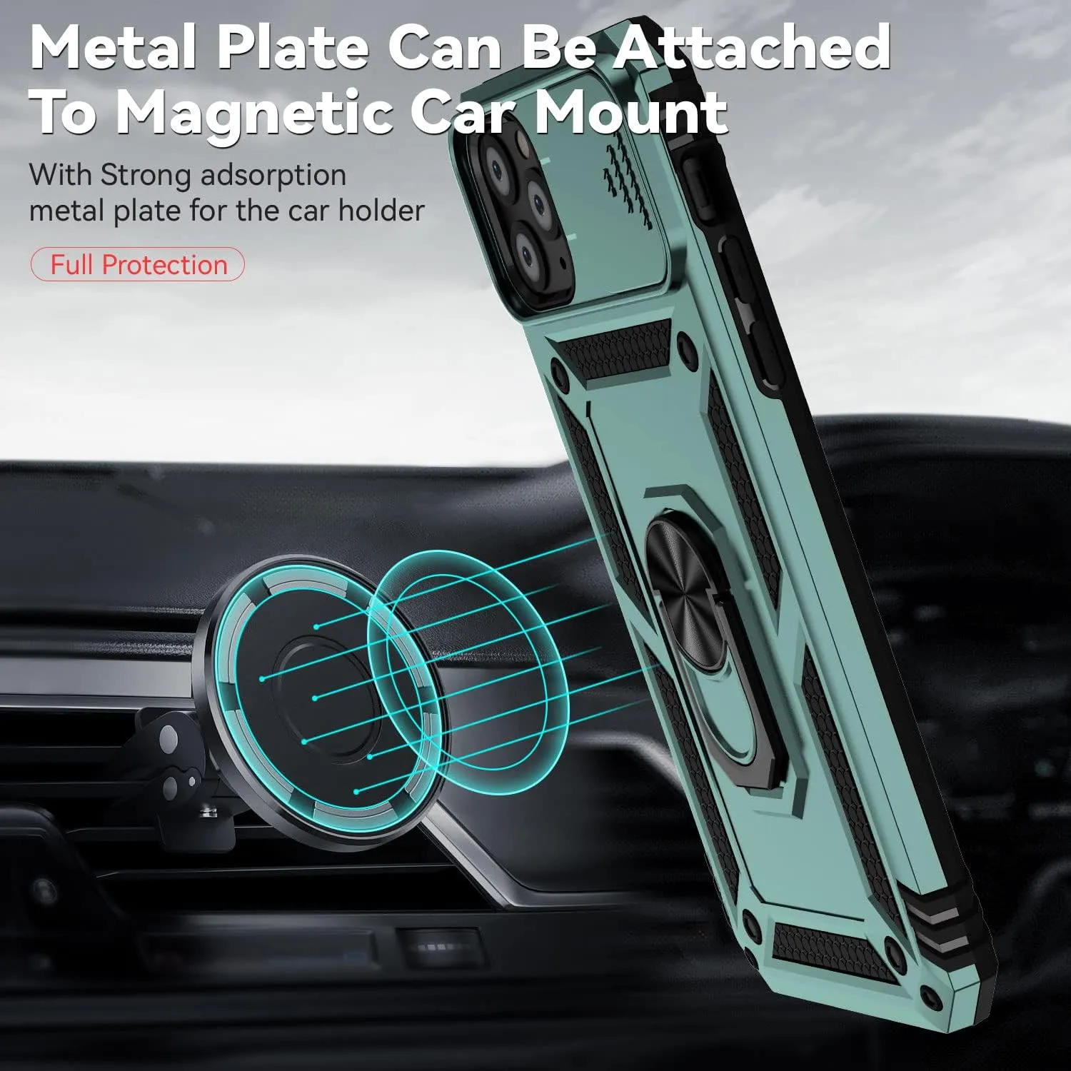 for iPhone 11 Pro Case with Camera Lens Cover Screen Protector, Dual Layer Military Grade Drop Protection Magnetic Ring Holder Kickstand Protective Phone Case for iPhone 11 Pro 5.8 inch (Dark Green)
