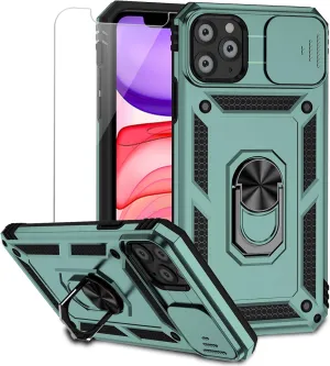 for iPhone 11 Pro Case with Camera Lens Cover Screen Protector, Dual Layer Military Grade Drop Protection Magnetic Ring Holder Kickstand Protective Phone Case for iPhone 11 Pro 5.8 inch (Dark Green)