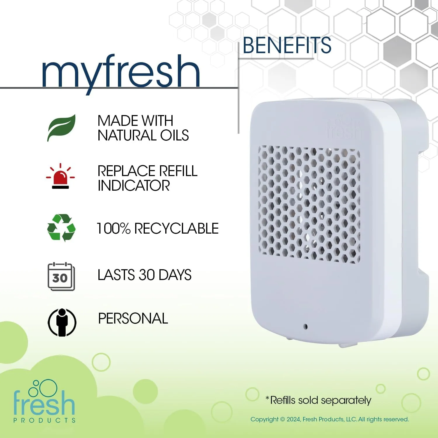 Fresh Products myfresh 2.0 Personal Air Freshener with Dry Fragrance Technology for Small Spaces Compact Design Motion Sensor Battery Operated White Dispenser 1 pk