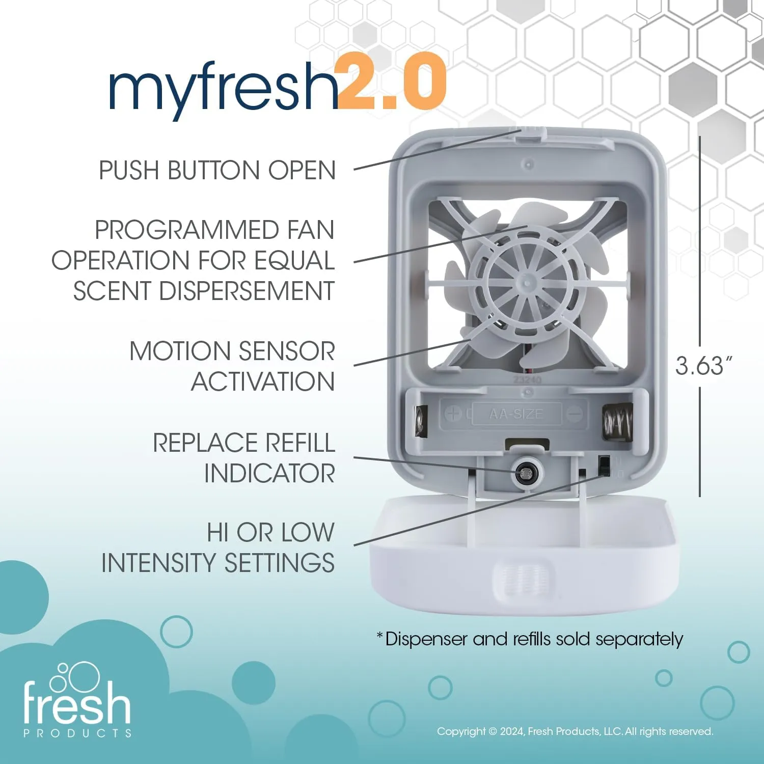 Fresh Products myfresh 2.0 Personal Air Freshener with Dry Fragrance Technology for Small Spaces Compact Design Motion Sensor Battery Operated White Dispenser 1 pk