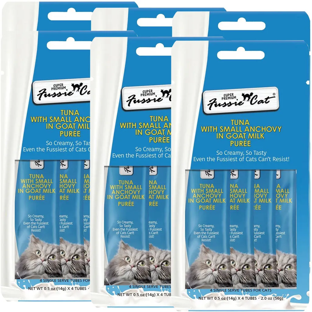Fussie Cat Tuna with Small Anchovy in Goat Milk Puree Lickable Cat Treats, 0.5-oz x 4-tubes