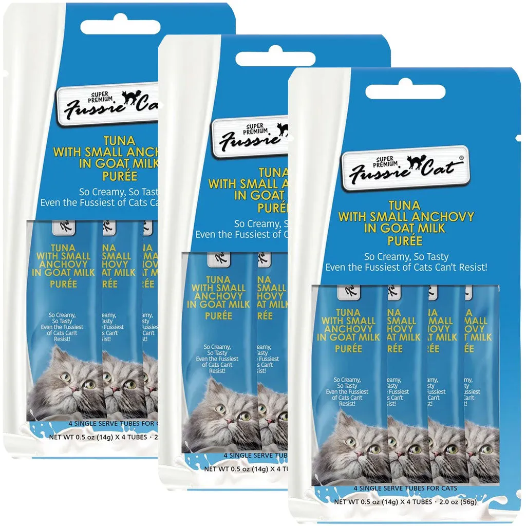 Fussie Cat Tuna with Small Anchovy in Goat Milk Puree Lickable Cat Treats, 0.5-oz x 4-tubes