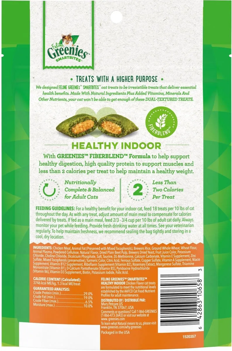 Greenies Feline SmartBites Healthy Indoor Natural Chicken Flavor Soft & Crunchy Adult Cat Treats