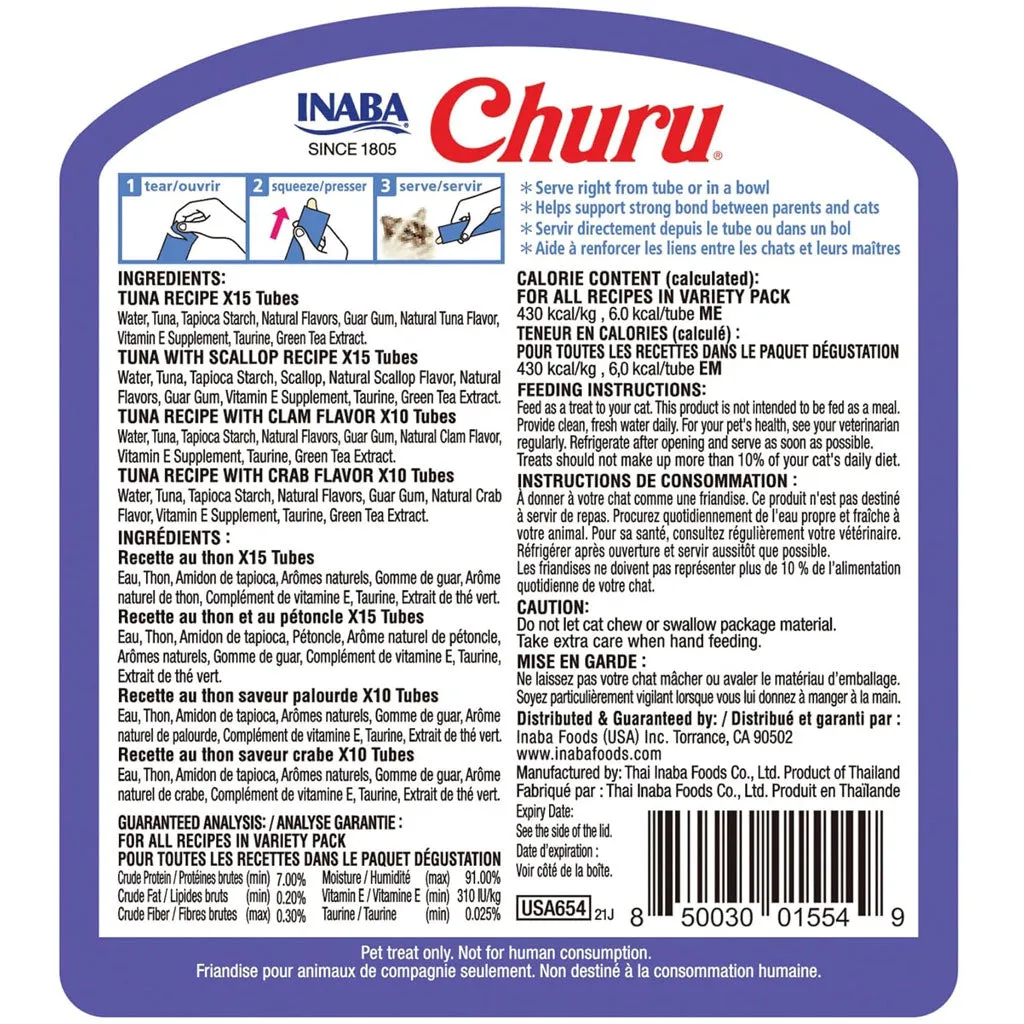 Inaba Churu Tuna Seafood Variety Pack Grain-Free Lickable Treat for Cats