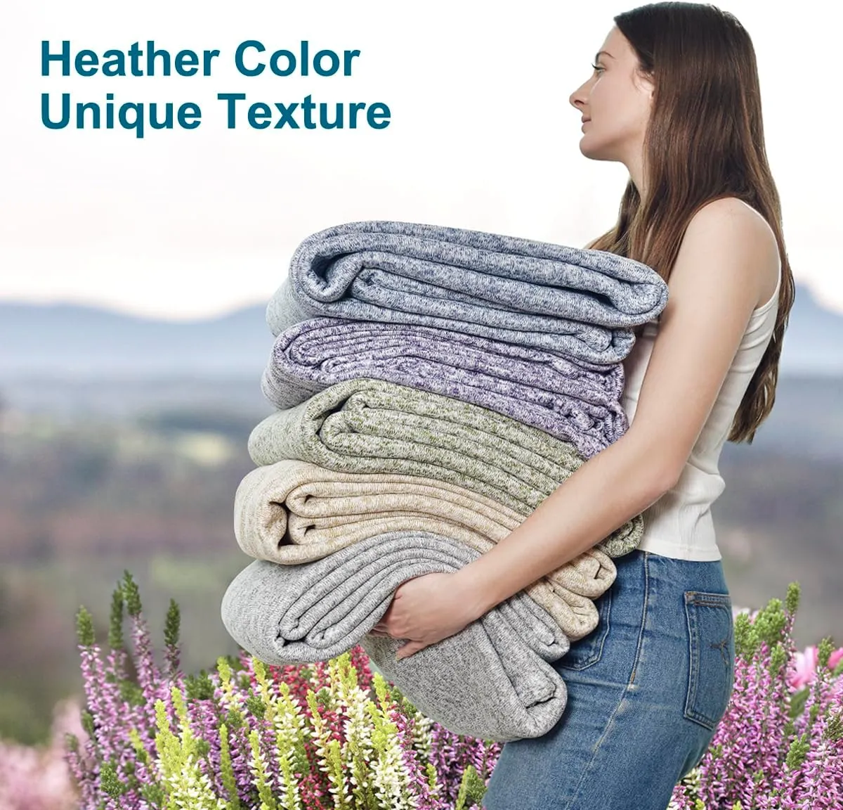 KAWAHOME Summer Sweatshirt Throw Blanket for Bed-Lightweight Breathable Blankets,Soft Thin Knit Jersey Throw Blanket for Hot Sleepers,50 X 60 Inches, Heather Purple
