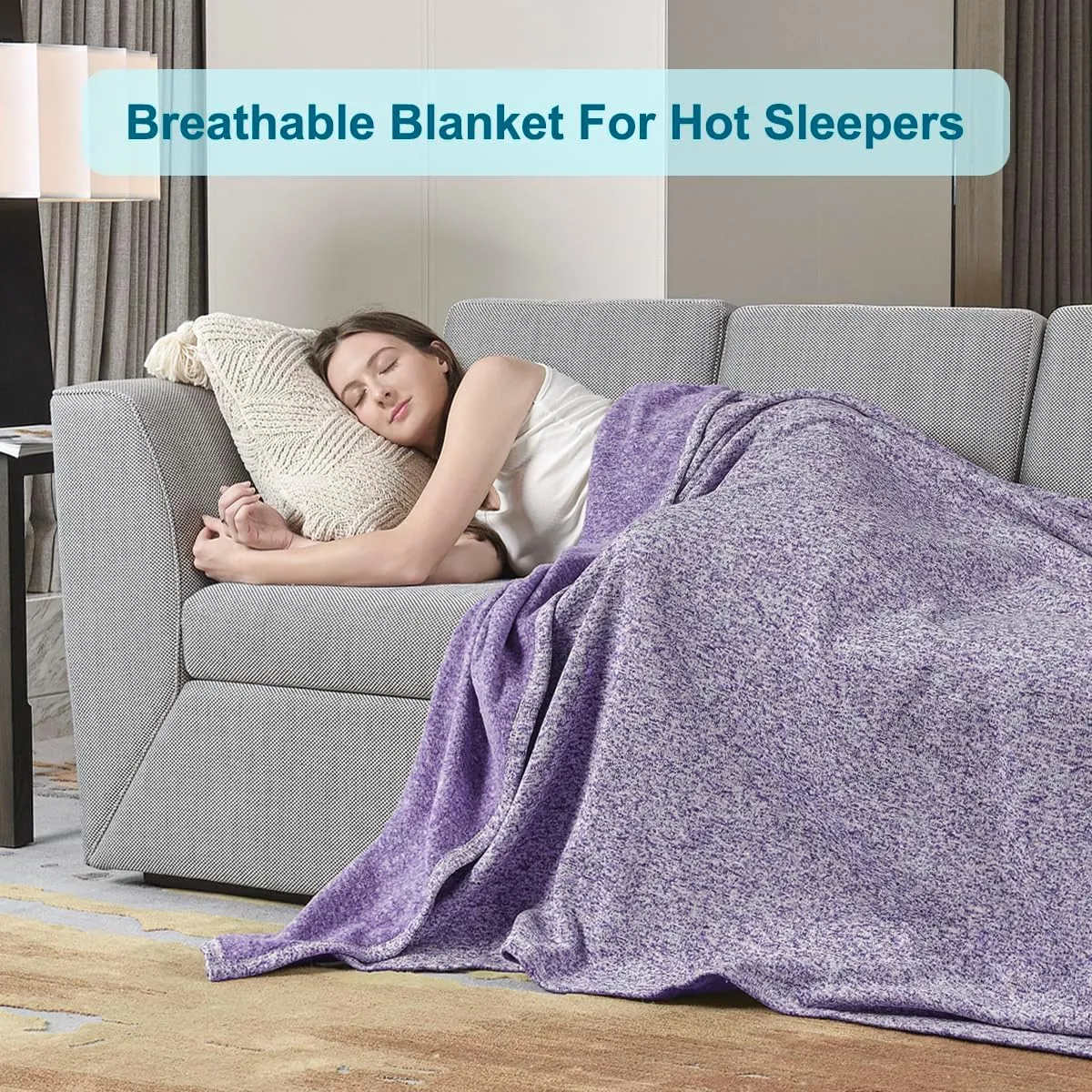 KAWAHOME Summer Sweatshirt Throw Blanket for Bed-Lightweight Breathable Blankets,Soft Thin Knit Jersey Throw Blanket for Hot Sleepers,50 X 60 Inches, Heather Purple