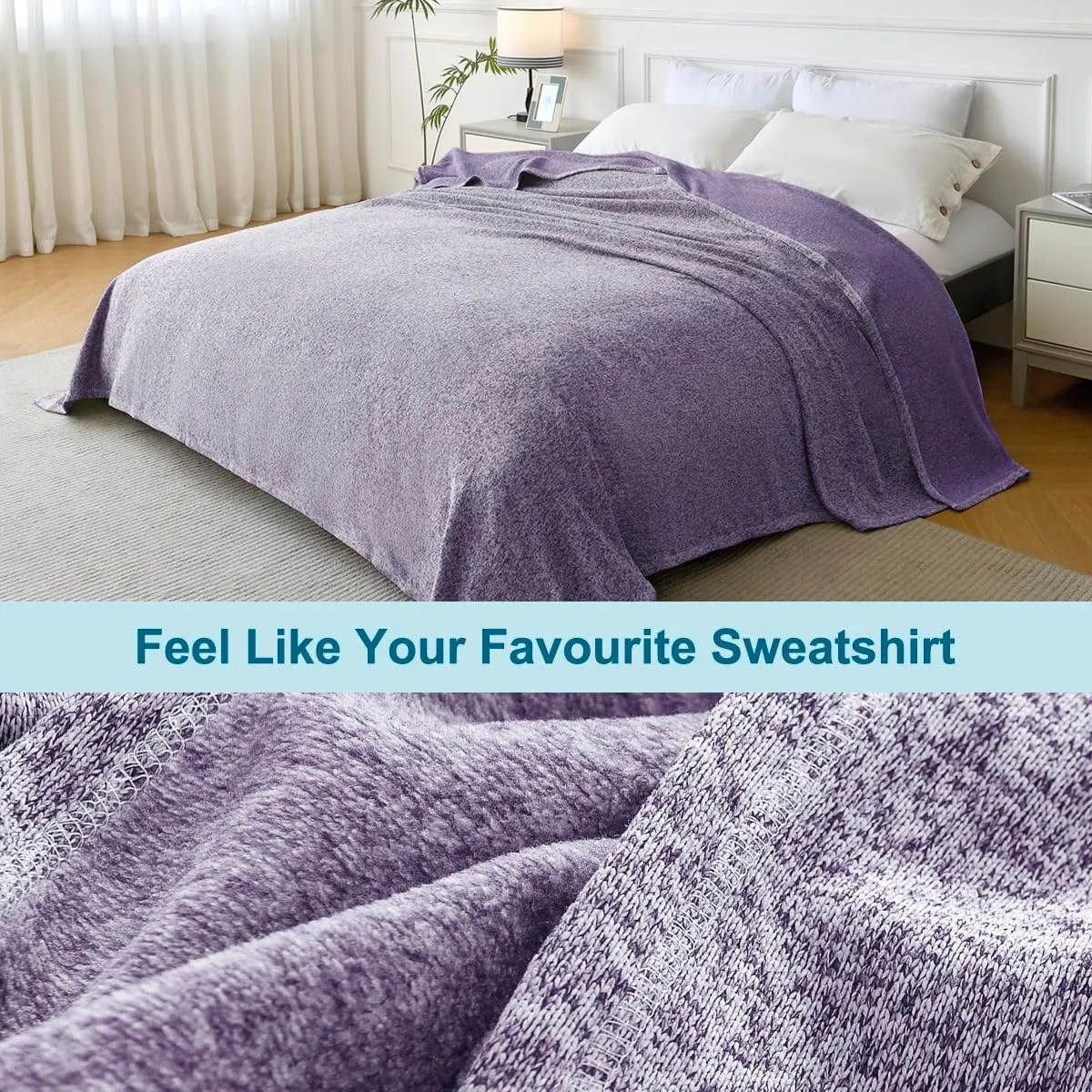 KAWAHOME Summer Sweatshirt Throw Blanket for Bed-Lightweight Breathable Blankets,Soft Thin Knit Jersey Throw Blanket for Hot Sleepers,50 X 60 Inches, Heather Purple