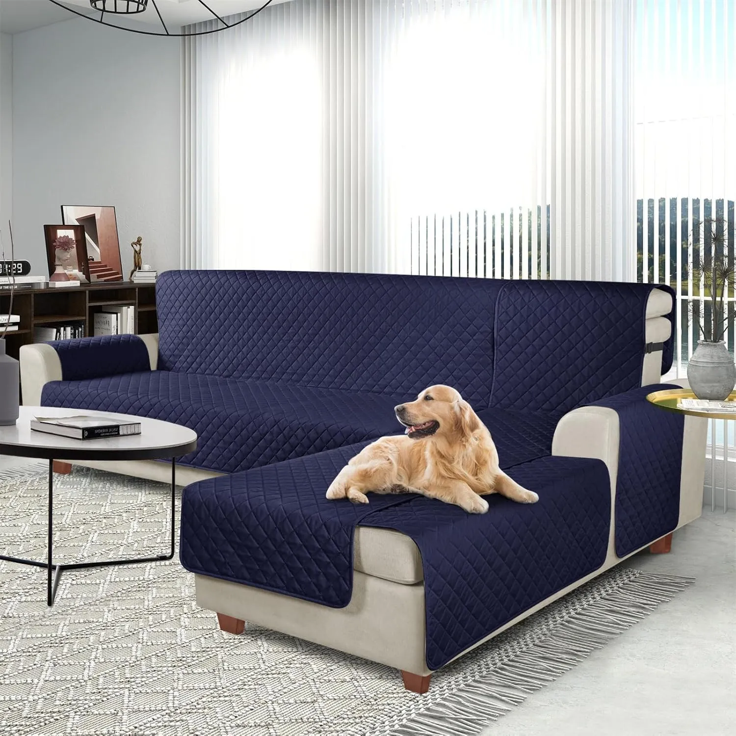 KinCam 100% Waterproof Sectional Couch Covers, Reversible L Shaped Sofa Covers 3pcs Sofa Slipcovers for Sectional Chaise Slipcover for Pets Kids (Large, Dark Blue)