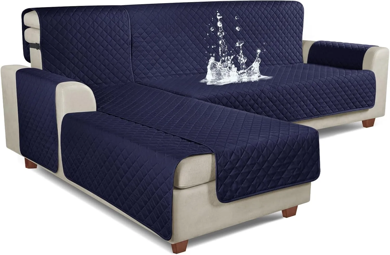KinCam 100% Waterproof Sectional Couch Covers, Reversible L Shaped Sofa Covers 3pcs Sofa Slipcovers for Sectional Chaise Slipcover for Pets Kids (Large, Dark Blue)