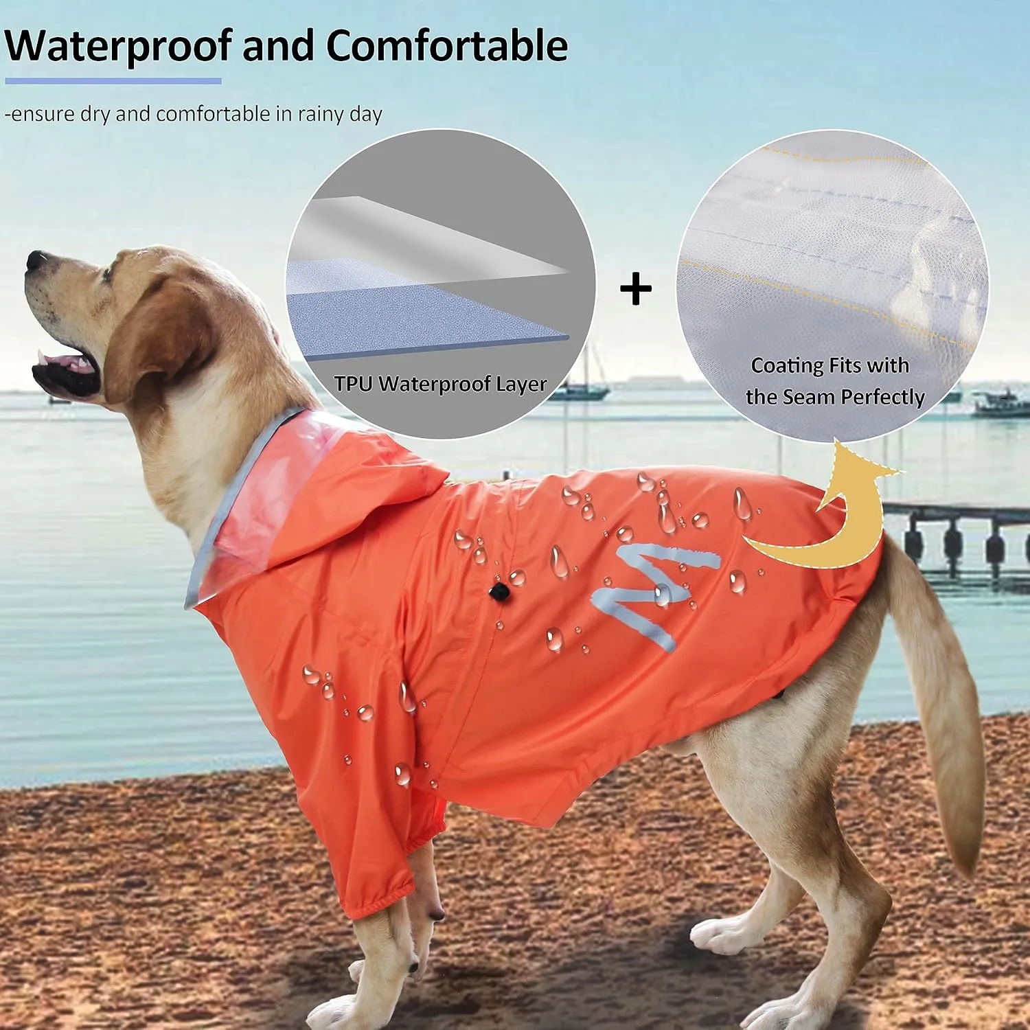 MAMORE Raincoat for Dogs - Waterproof Rain Jacket With Leash Hole, Lightweight Adjustable Reflective Coat With Hood for Small and Medium Dogs (Small, Orange)