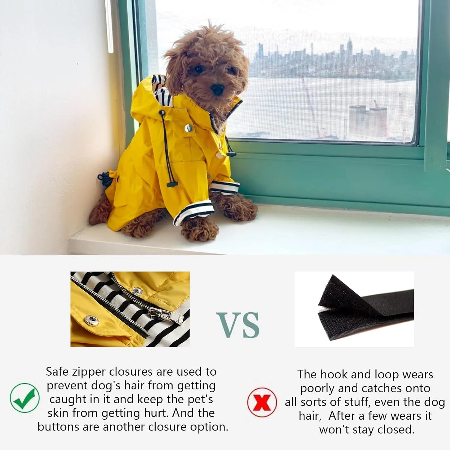 Morezi Dog Zip Up Raincoat with Reflective Buttons, Rain/Water Resistant, Adjustable Drawstring, Removable Hood, Raincoats with Legs 8lbs to 80lbs Available - Yellow - S