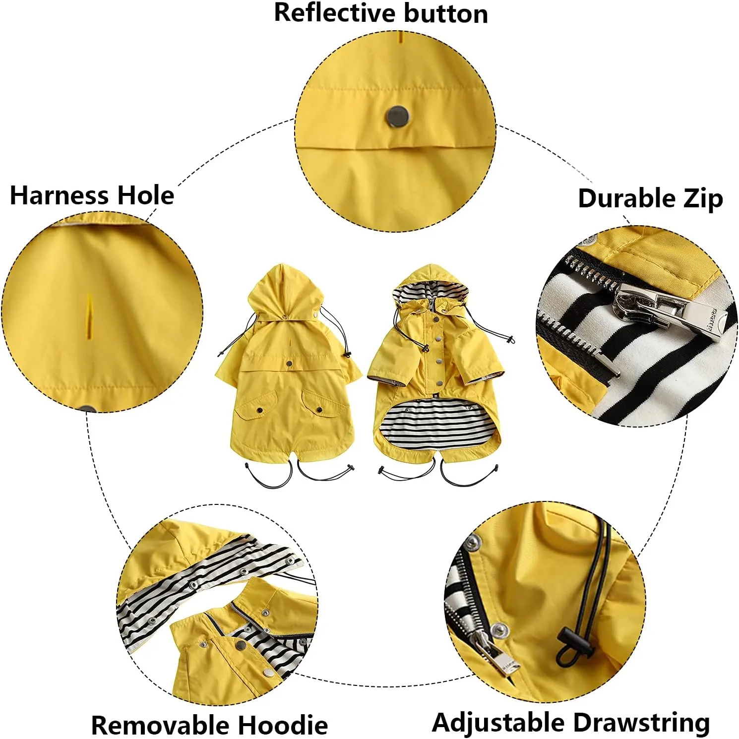 Morezi Dog Zip Up Raincoat with Reflective Buttons, Rain/Water Resistant, Adjustable Drawstring, Removable Hood, Raincoats with Legs 8lbs to 80lbs Available - Yellow - S