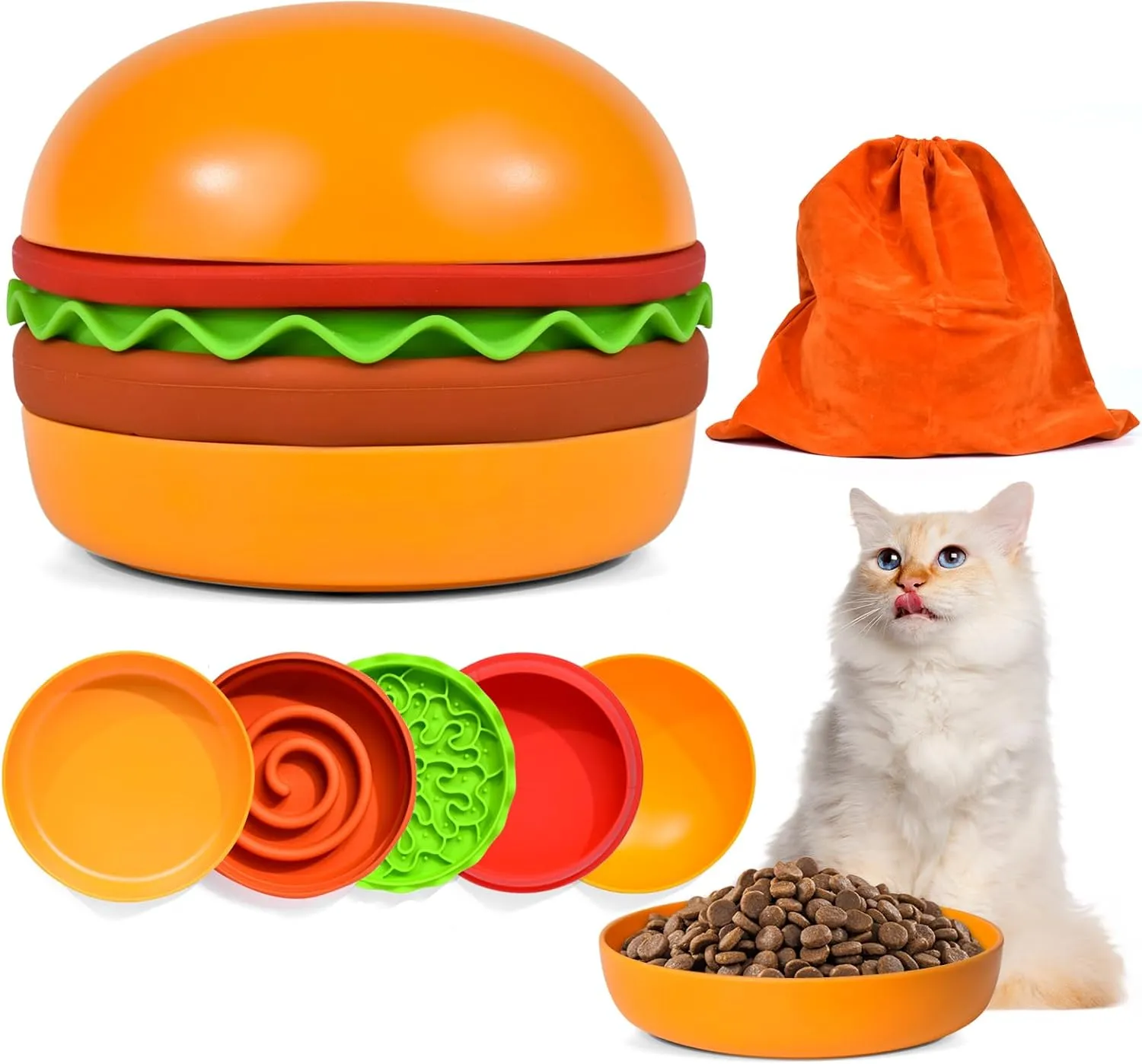 Multi-Purpose Pet Slow Food Feeder Bowl Set- Dining Heights Adjustable, Anti-Slip, 5 Portable Stackable Bowls for Cats and Small Dogs, Suitable for Daily Feeding, Traveling, Walking, Hiking