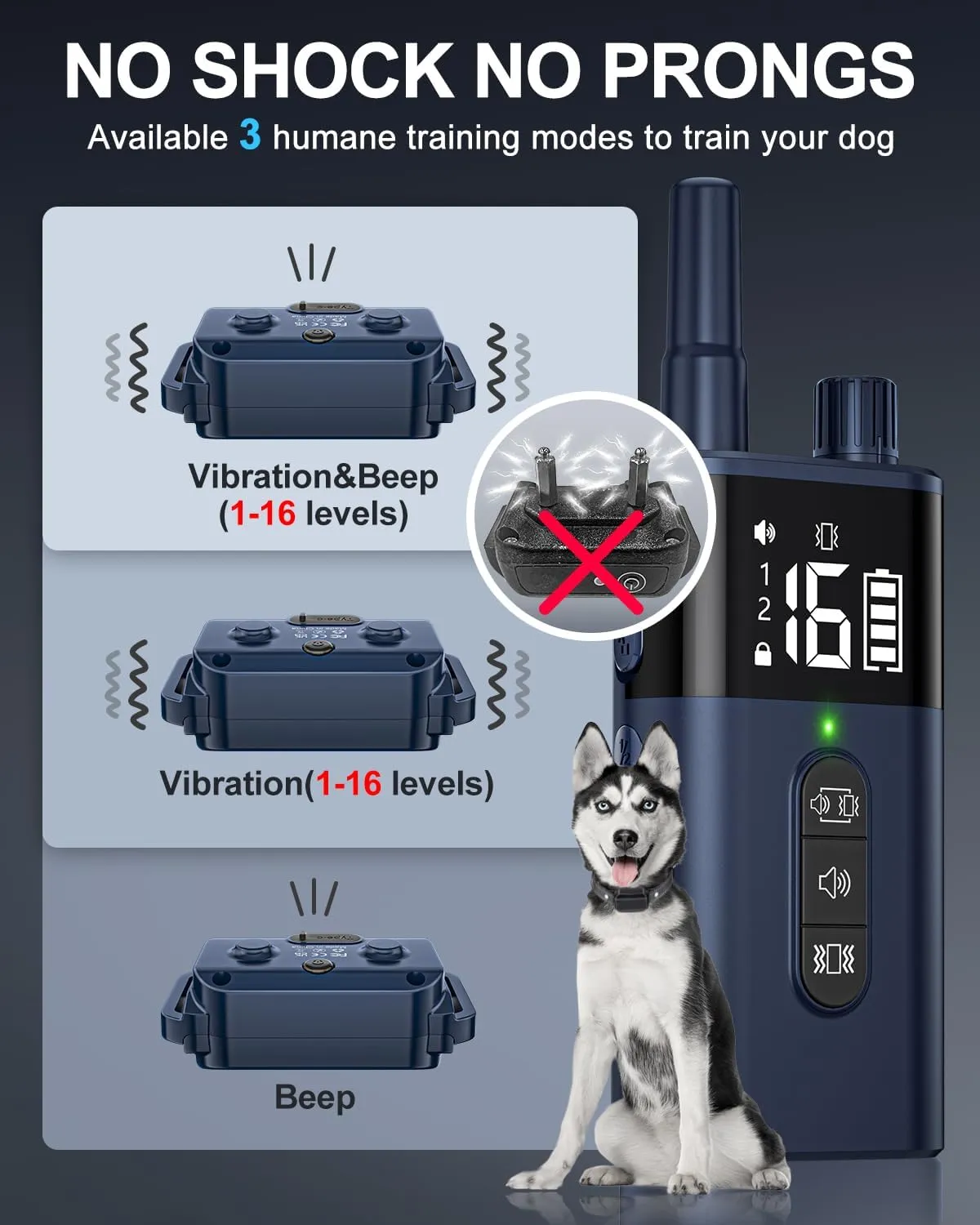 No Shock Dog Training Collar with Remote, Dog Vibration Collar with Controller Beep and Vibrate Only, Safe Lock Waterproof Rechargeable Vibrating Collars for Dogs(10-120 lbs)-No Prongs (Navy Blue)