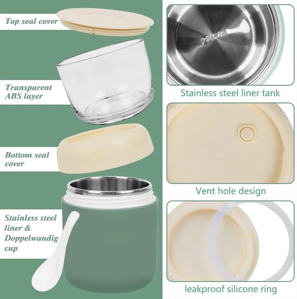 Oatmeal Yogurt Containers, 2-Tier Cereal Cup with Lids and Spoon, Stainless Steel Insulated Food Containers for Breakfast Lunch