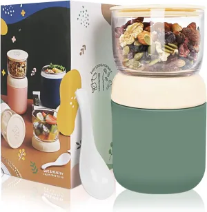 Oatmeal Yogurt Containers, 2-Tier Cereal Cup with Lids and Spoon, Stainless Steel Insulated Food Containers for Breakfast Lunch