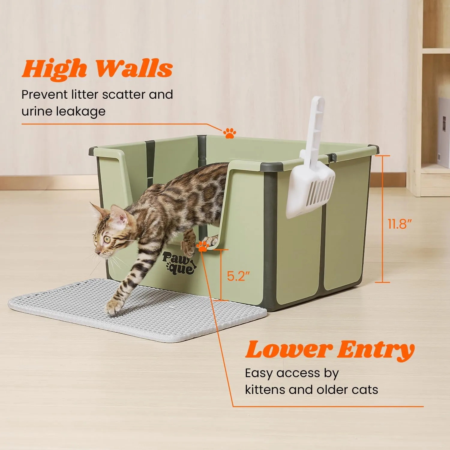 Pawque High Sides Large Cat Litter Box, Low Entry Open Top Foldable Portable Travel Cat Potty Pan with Litter Mat and Scoop for Kitty Old Cats, Anti Splashing Easy Clean Sturdy Tall Litter Box, Green